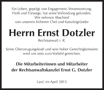 Traueranzeige von Ernst Dotzler von Pegnitz-Zeitung